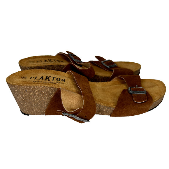 Plakton Bios Wedge Sandal Womens 40 Leather Suede Cork Strappy Slip On Coastal - Picture 5 of 8